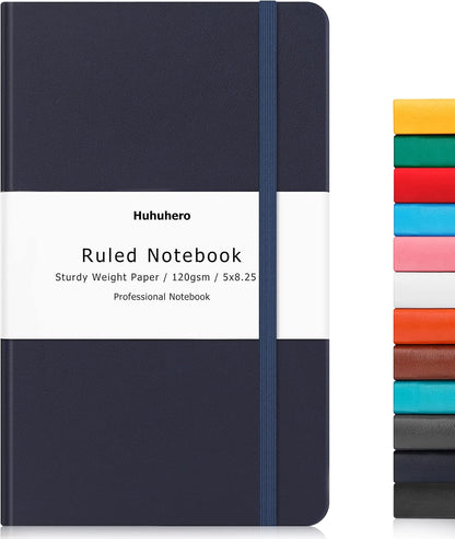 Huhuhero Lined Journal Notebooks for Work, Hardcover Leather Journals for Writing Women Men, 120Gsm Thick Paper College Ruled Notebook, Office School Supplies, 5.25"×8.25" (1, Matte Black)