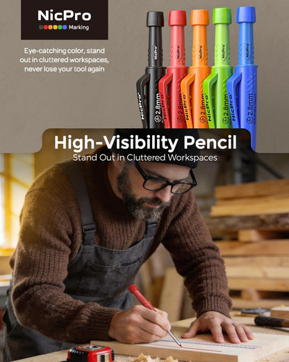 Nicpro 6 Pack CP3000 Carpenter Pencils with Sharpener, Mechanical Pencil Set with 78 Refill, Heavy Duty Construction Pencil, Carpenter Tools for Architect Marking (Red,Black,Yellow,Orange,Green,Blue)