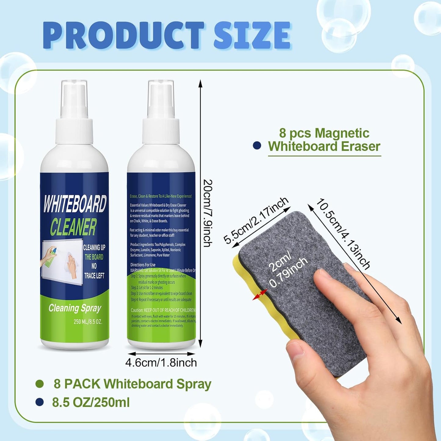 Fuyoooo 16 Pcs Whiteboard Cleaner Dry Erase Set, 8.5 fl oz Whiteboard Cleaning Spray Dry Erase Board Liquid Cleaner with 8 Magnetic Chalkboard Board Erasers for Classroom Home Office