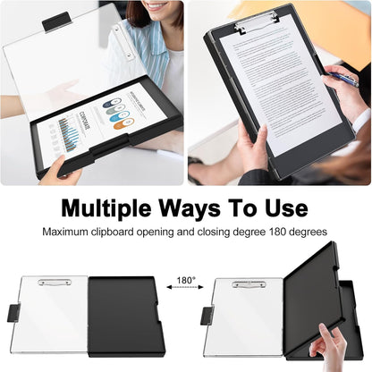 Piasoenc Clipboard with Storage, 8.5 x 11 Clip Boards with 2 Storage Case and A4 Paper Folder, Clear Dry Erase Top Panel, Heavy Duty Plastic, Folio & Side Opening, for Nurses, Teachers, Lawers,Black