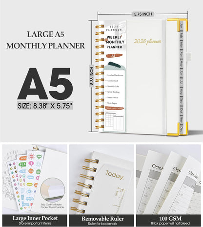 2026 Planner, Weekly and Monthly Calendar Planner from January 2026 - December 2026, 8.5" x 11" Hardcover Leather Hourly Appointment Book with Tabs, Spiral Daily Planners for School Work Home, Green
