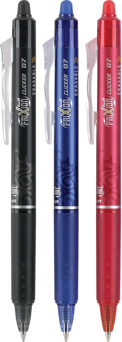 PILOT FriXion Clicker Erasable Pens, Refillable & Retractable Gel Ink Pens, Fine Point 0.7 mm, Black Ink, 3-Pack - Ideal for School, Journaling, & Office Writing