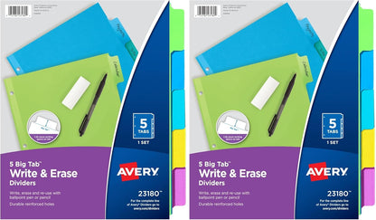 Avery Big Tab Write & Erase Dividers, 5 Multicolor Tabs, 1 Set (23180)