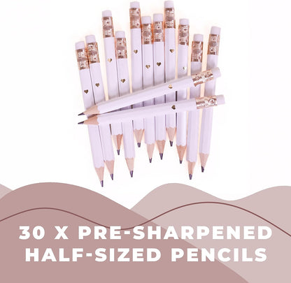 Heart Pencils for Baby Shower Games and Bridal Shower Games, Mini Pencils, Small Pencil Set For Game Prizes, Bridal Pens (White / Gold)