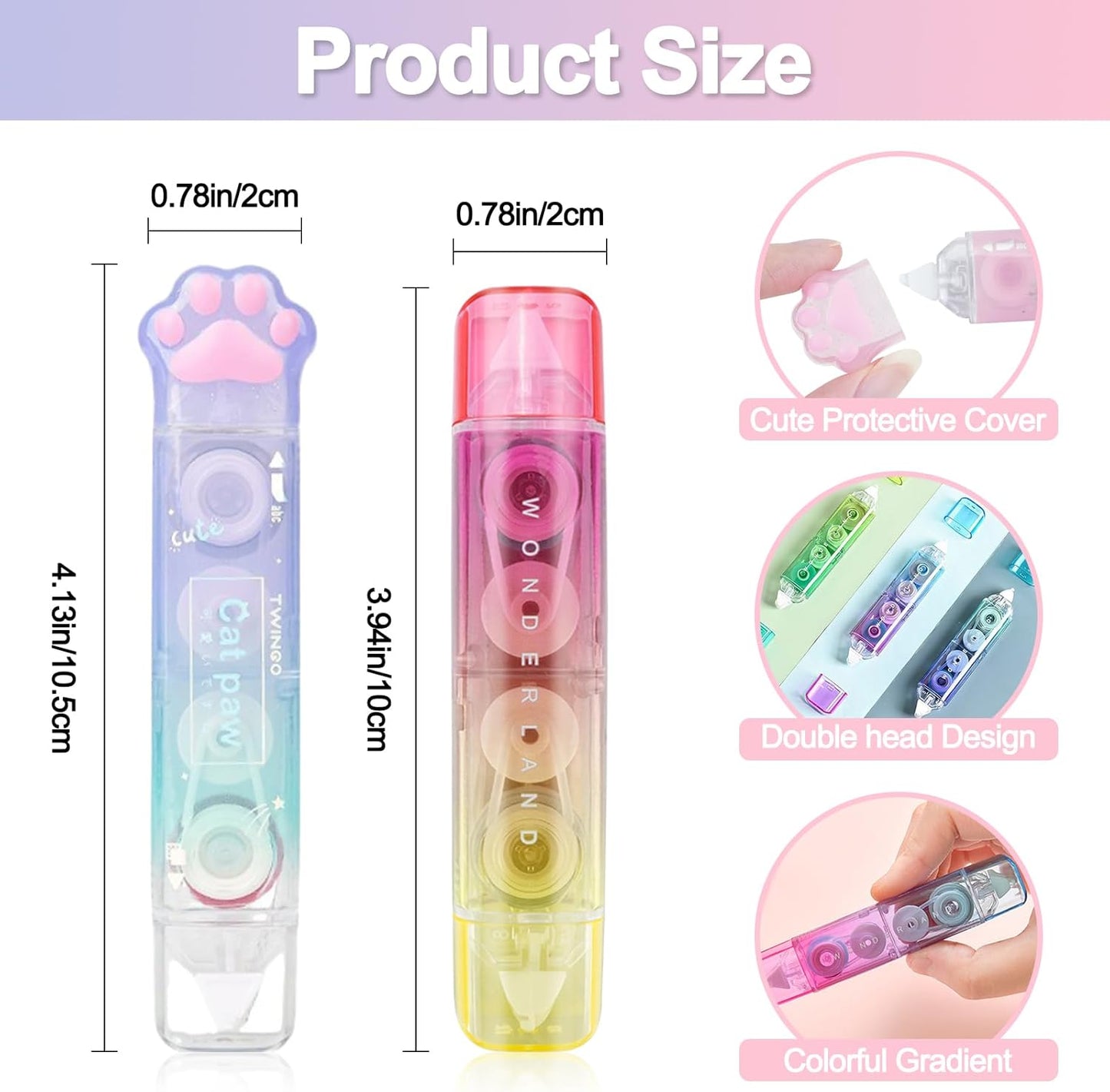 RETON 6 Pcs White Out Correction Tape, 2 in 1 Correction Tape and Double Sided Tape Roller, Cute Cat Paw Correction Tape Pen with Adhesive Glue Tape Roller Runner for School Office Scrapbook Supplies
