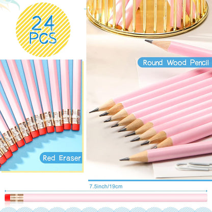 Outus 24 Pieces Round Pencils Cute HB Graphite Wood Pencils Pack with Eraser for School Drawing Sketching Wedding Office Supplies (White)