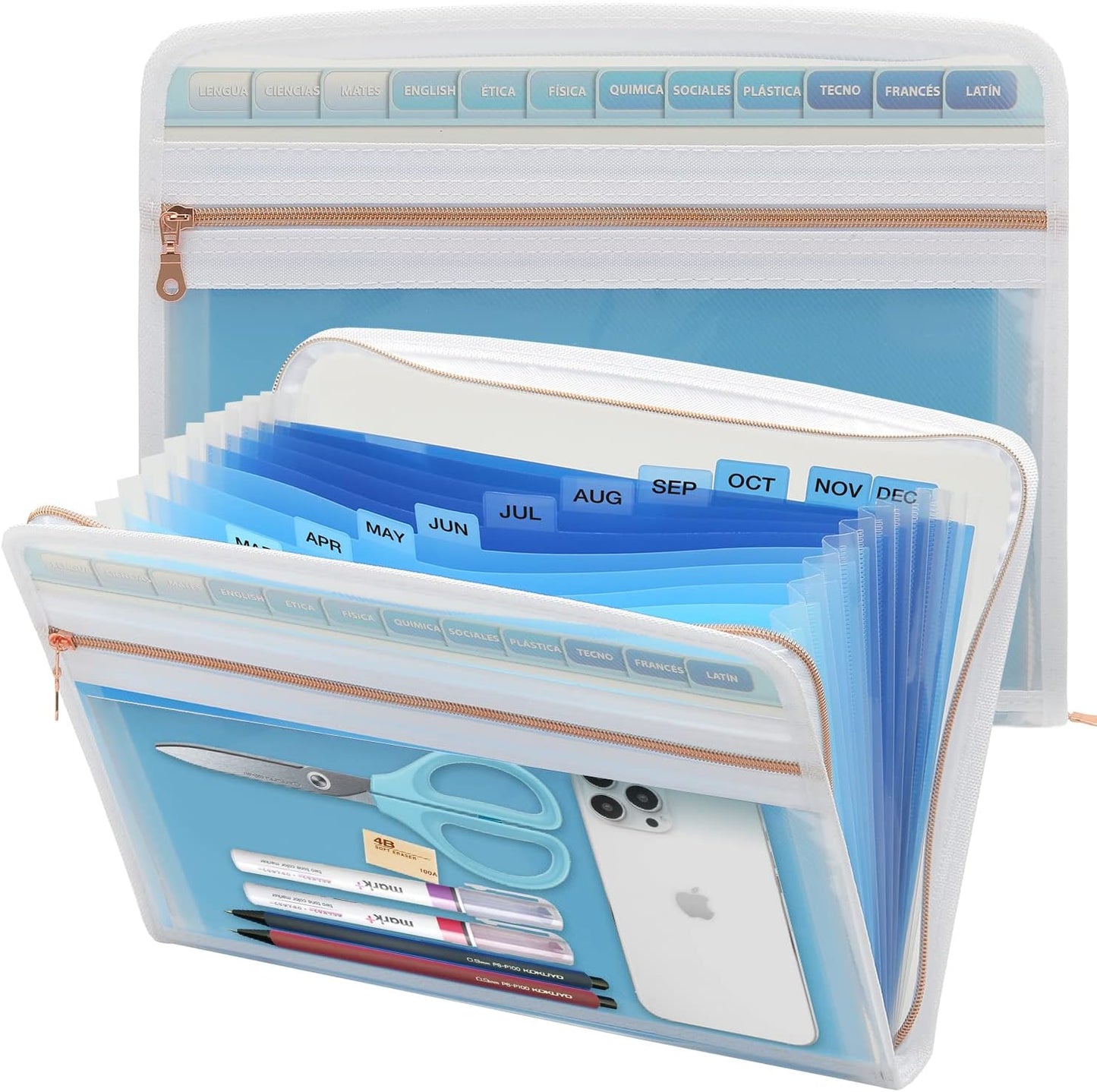 Mukawa 13 Pocket Zippered Expanding File Folder, Accordion File Organizer for Documents Letter Size A4 Papers (Pink)