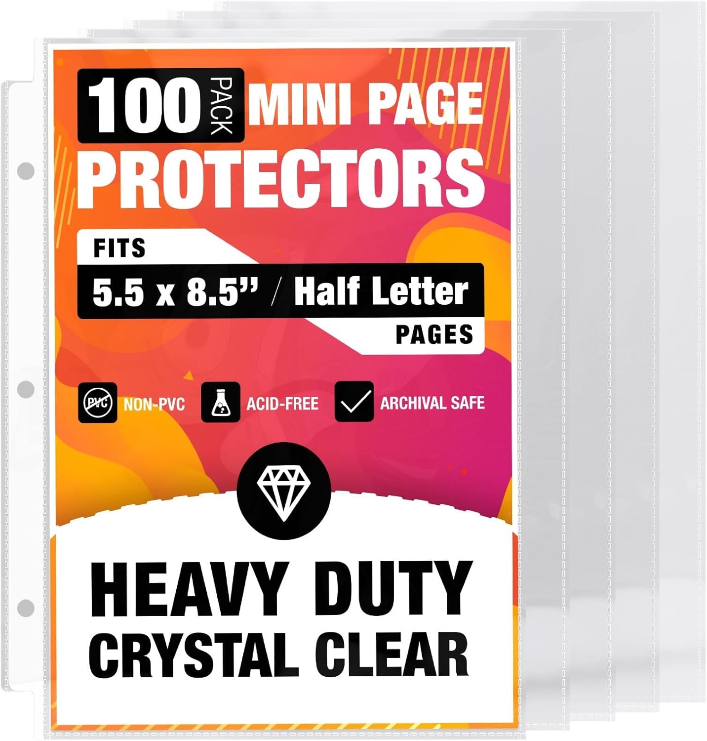 Half Letter 8.5x5.5’’ Pack of 100 Heavy Duty Page Sleeve Protectors for Mini 3-Ring Binders, Top Loading Crystal Clear & Archival Safe Refill Sheets, Acid-Free & Reinforced Holes