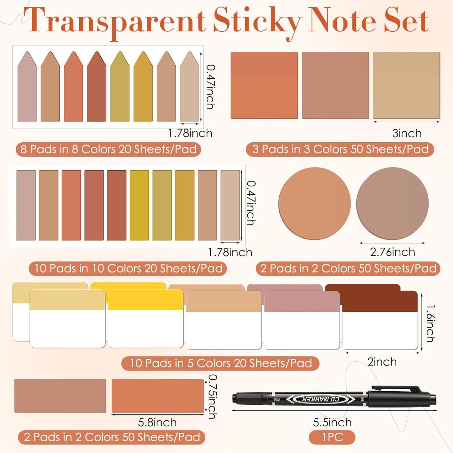 Glenmal Transparent Sticky Note Set 910 Sheets Translucent Clear Self-Adhesive Sticky Notes Bulk Gradient Color Waterproof for Bible Tabs Book Tabs Office Study Supplies Book Annotation (Pink)
