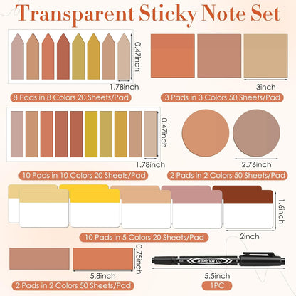 Glenmal Transparent Sticky Note Set 910 Sheets Translucent Clear Self-Adhesive Sticky Notes Bulk Gradient Color Waterproof for Bible Tabs Book Tabs Office Study Supplies Book Annotation (Pink)
