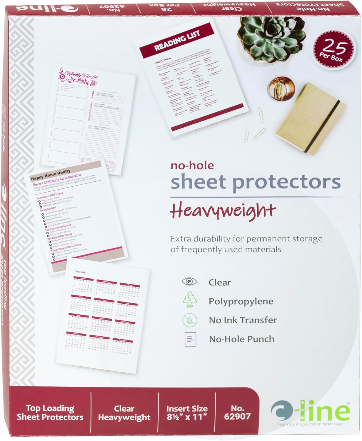 C-Line Top Loading Heavyweight Poly No-Hole Sheet Protectors, 8.5 x 11 Inches, 25 per Box (62907)