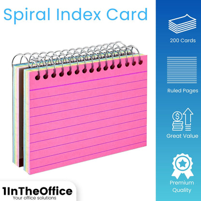 1InTheOffice Spiral Index Cards 3x5, Ruled Neon, Lined, Assorted Colors, 50 Cards/Pack (4 Pack)