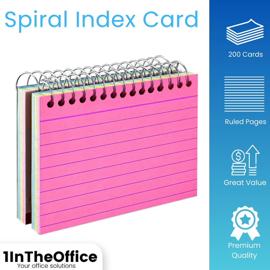 1InTheOffice Spiral Index Cards 3x5, Ruled Neon, Lined, Assorted Colors, 50 Cards/Pack (4 Pack)