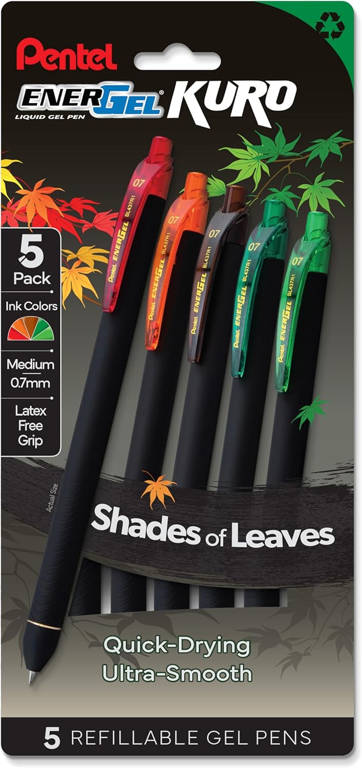 Pentel EnerGel Kuro Shades of the Ocean, Retractable Liquid Gel Pen, Assorted Ink Colors, Pack of 5 (BL437OCNPF5)