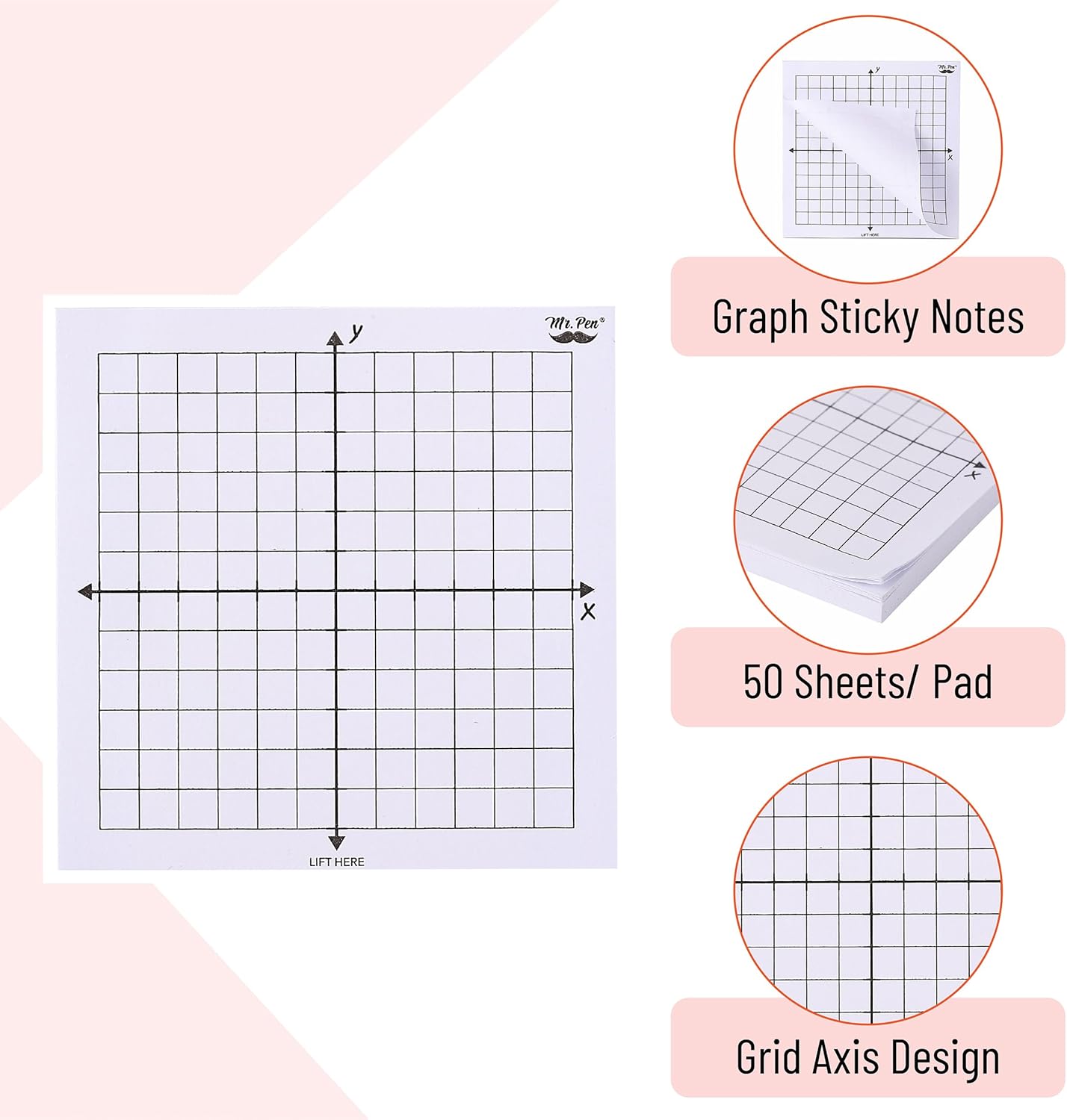 Mr. Pen- Graph Sticky Notes, 3x3 Inch, 6 Pads, 50 Sheets/Pad, 300 Sheets, 6 Grid Designs, White, Square Graph Paper Notes, Grid Sticky Note Pads for Math, Study, Journals, Planners