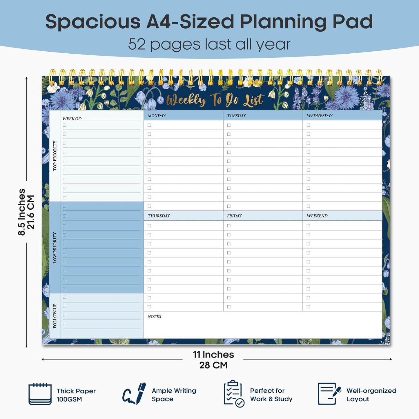 Taja Weekly To Do List Notepad with 52 Undated Sheets（8.5"×11"）- Weekly Desk Planner for Women & Man, Work and Home -1 Pack Violet Dream