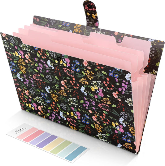 SKYDUE Accordion File Organizer, Floral Expanding File Folders with 5 Pockets, Cute Document Organizer for Paper Bills Receipt Storage, School Office & Hospital Supplies Letter/A4 Size Light Purple