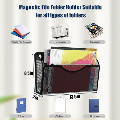 Magnetic File Holder 3 Pockets File Folder Organizer, Office Hanging Magazine Rack for File Cabinets, Magnetic Paper Holder, No Drilling Mail Organizer for Refrigerator, Whiteboard, Office, Kitchen