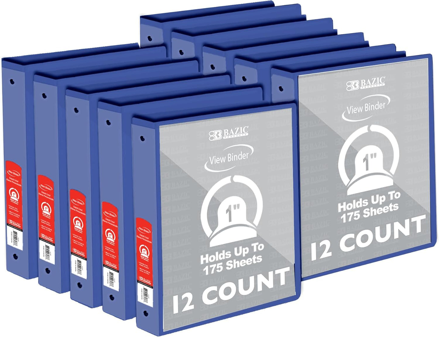 BAZIC Products 3 Ring Binder - Green, Economy View Binder with Clear Overlay Cover and Round Rings, Organizer for School Office Home Use, 1-inch Capacity Holds 175 Sheets Paper, 12-Pack