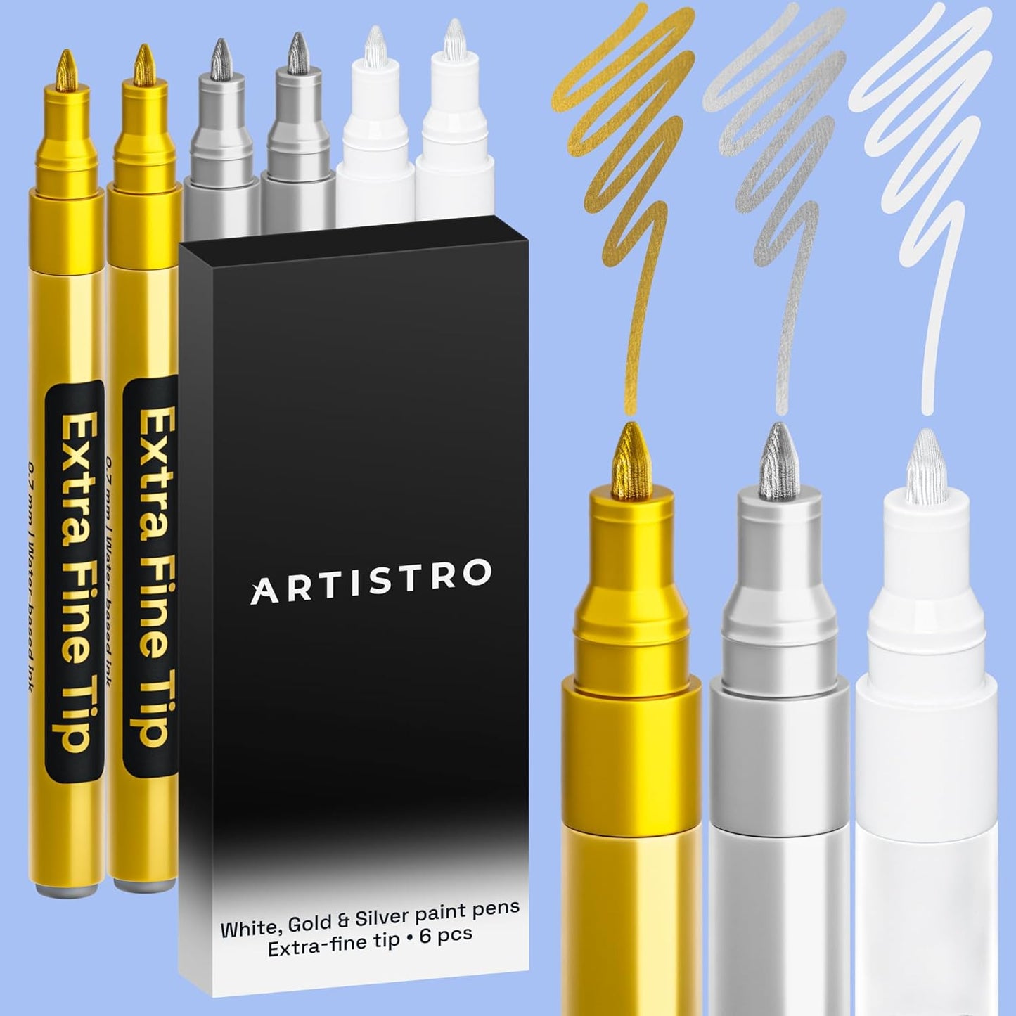 ARTISTRO 6 Gold & Silver Metallic Acrylic Paint Pens – 0.7mm Extra Fine Tip Paint Pens for Crafts, Rock Painting, Greeting Cards, Ornament Decor, DIY Art