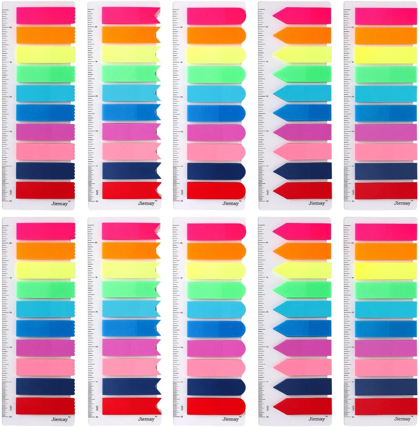 2000pcs Neon Page Markers Sticky Tabs, 10 Bright Colors & 5 Shapes Translucent Writable Flags, Index Tabs for Books/Notebooks/Office, with 5.5" Ruler (Arrow/Wave/Semicircle)