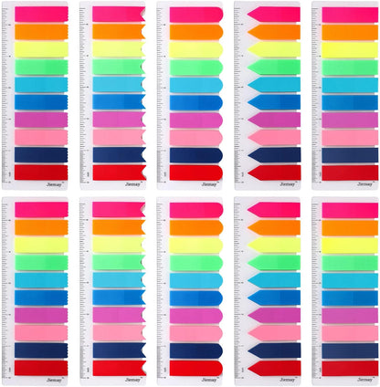 2000pcs Neon Page Markers Sticky Tabs, 10 Bright Colors & 5 Shapes Translucent Writable Flags, Index Tabs for Books/Notebooks/Office, with 5.5" Ruler (Arrow/Wave/Semicircle)