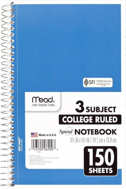 Mead Small Spiral Notebook, 3-Subject, College Ruled Paper, 9-1/2" x 5-1/2", 150 Sheets per Notebook, Color Will Vary, 1 Count (06900)