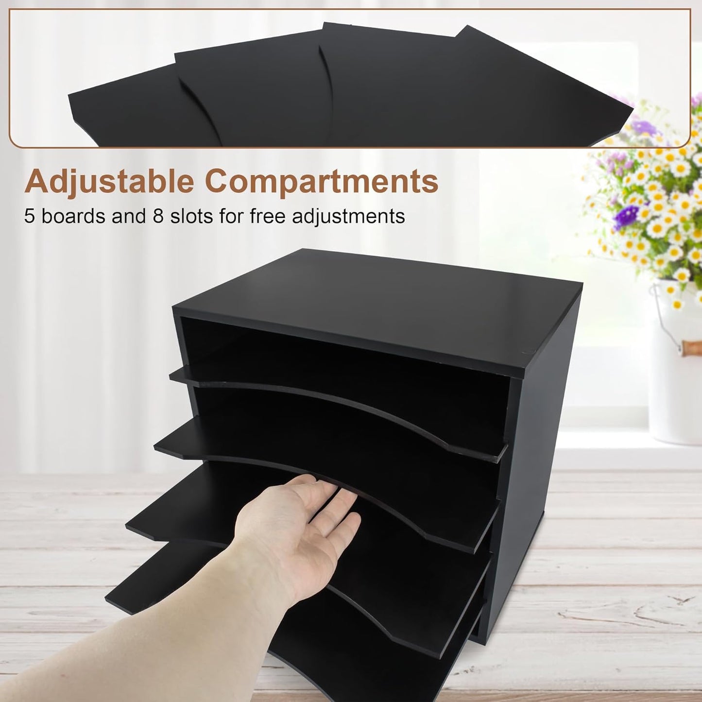 EMERIT 4-Tier Adjustable Paper Organizer, Large Capacity Desktop Organzier for Textbooks/Magazines/Office Files, Wooden Dividers, 7 lbs per Shelf, White