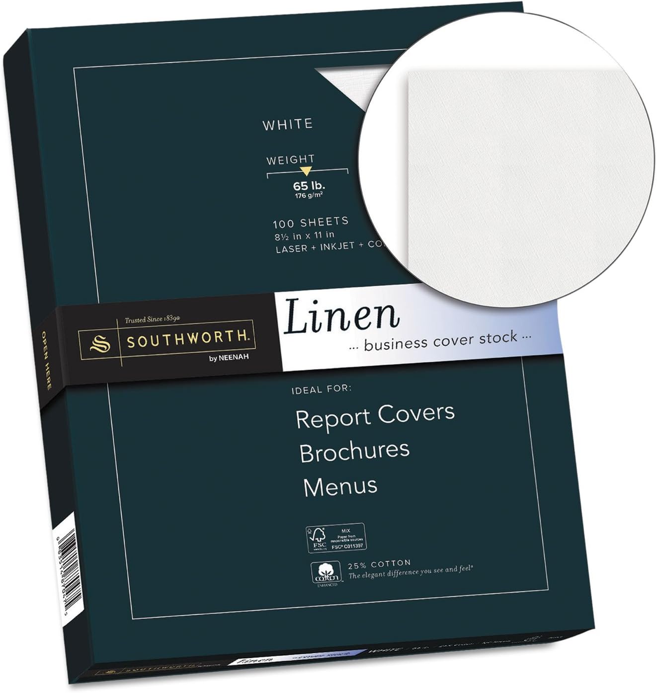 Southworth Z550CK 25% Cotton Linen Business Coverstock White 65 lbs 8-1/2 x 11 100/Box FSC