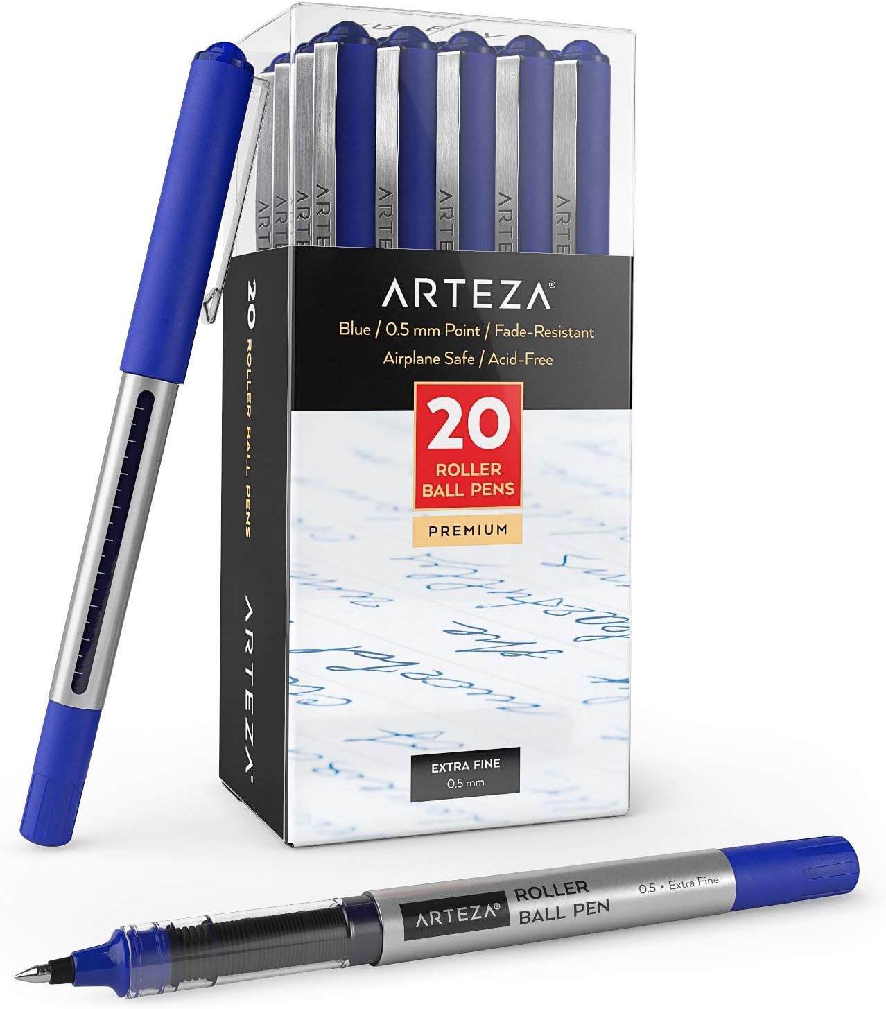 ARTEZA Rollerball Pens, 20 Pack Black Roller Ball Pens, 0.5 mm Needle Point Extra Fine Tip, Quick-Dry Fade-Resistant Liquid Ink for Note-Taking, Bullet Journals, Planners, and Office Use