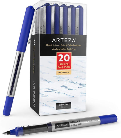 ARTEZA Rollerball Pens, 20 Pack Black Roller Ball Pens, 0.5 mm Needle Point Extra Fine Tip, Quick-Dry Fade-Resistant Liquid Ink for Note-Taking, Bullet Journals, Planners, and Office Use
