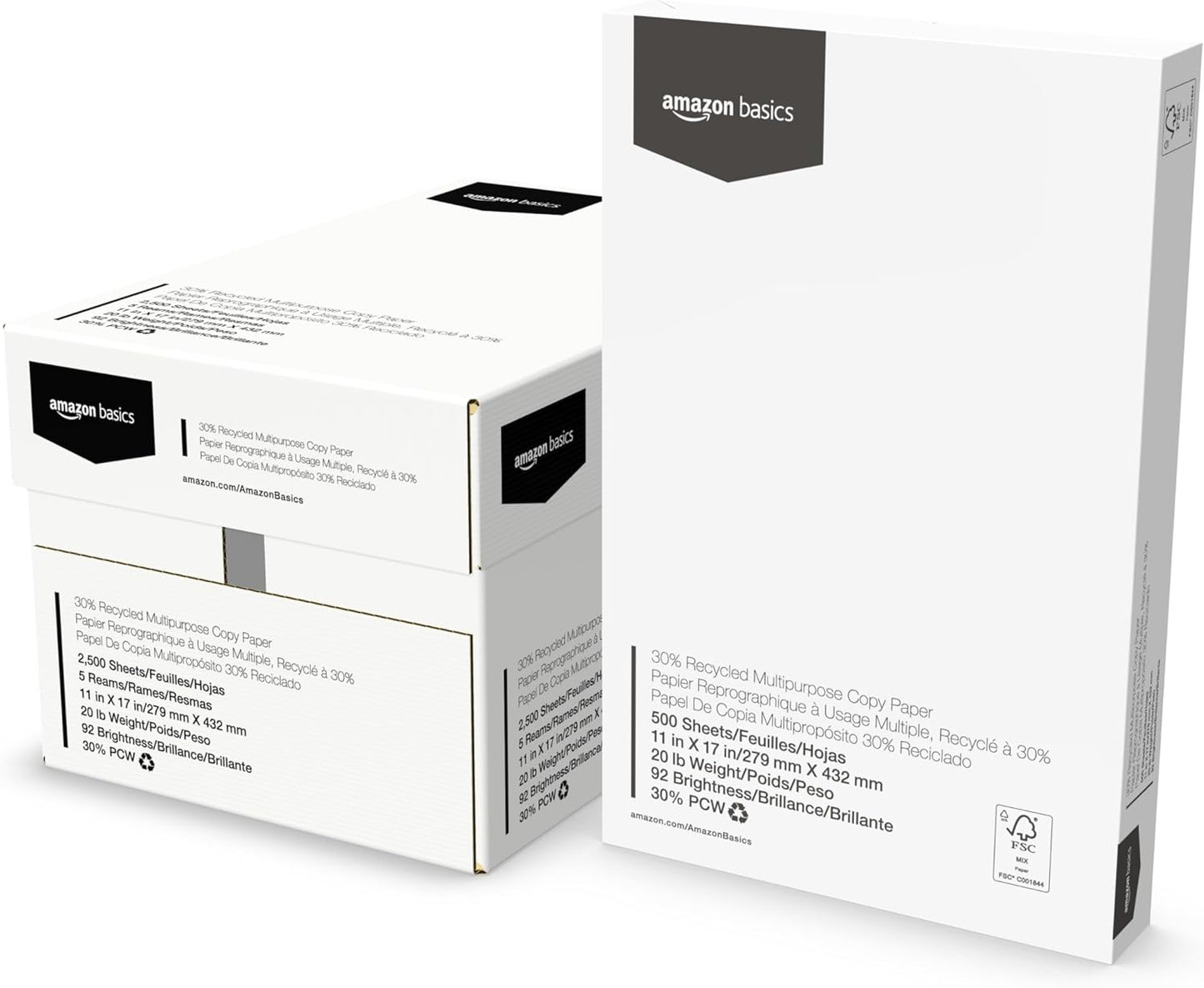 Amazon Basics 30% Recycled Multipurpose Copy & Print Paper, 8.5 x 11 Inches, 20 lb Weight, 92 Bright, White, FSC Certified, 1500 Sheets (3 Reams)