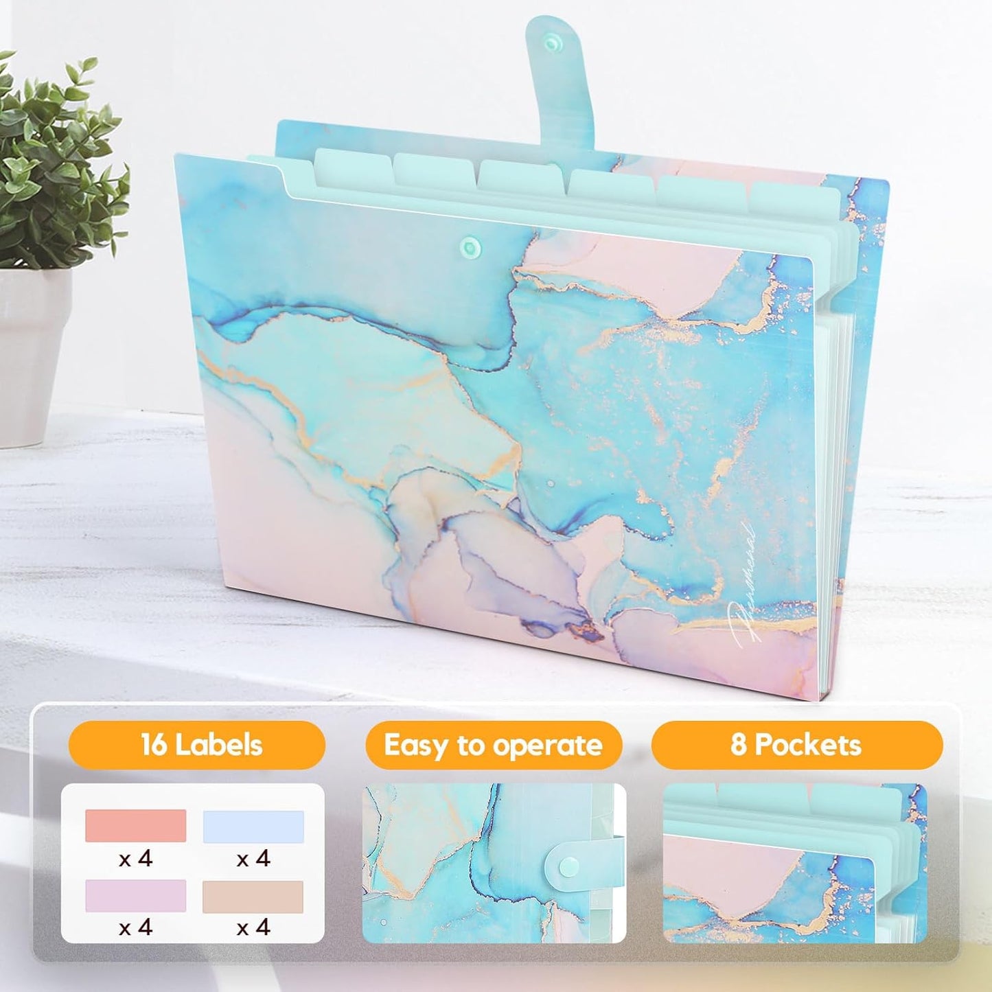 Expanding File Folder, Aesthetic Folders for School, Accordion File Organizer, Aesthetic Folder with Labels,5 Pockets Important Document Folders for School Office Home(Cyan Gold)