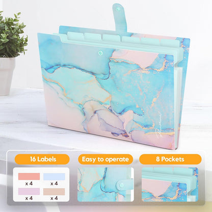 Expanding File Folder, Aesthetic Folders for School, Accordion File Organizer, Aesthetic Folder with Labels,5 Pockets Important Document Folders for School Office Home(Cyan Gold)