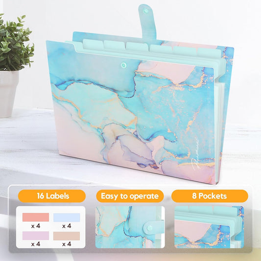 Expanding File Folder, Aesthetic Folders for School, Accordion File Organizer, Aesthetic Folder with Labels,5 Pockets Important Document Folders for School Office Home(Cyan Gold)