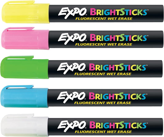 EXPO Bright Sticks, Wet Erase Fluorescent Markers, Bullet Tip, 5 Count - Whiteboard, Calendar, Organization, Teacher Supplies