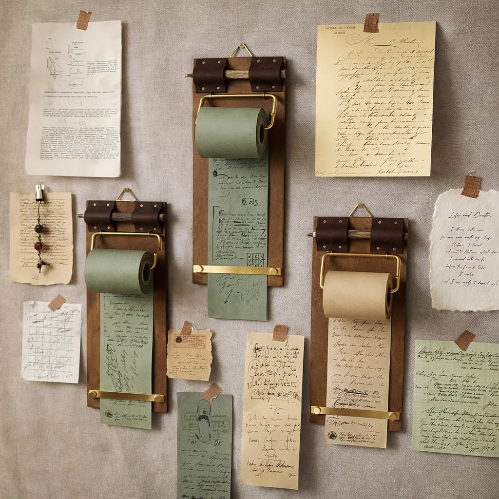Retro Wall Mounted Memo Board with 1 Natural Dark Green Roll – Rustic Clipboard Notepad, Tearable Writing Pad for Notes, Menu, Kitchen, Café and Home Office Decoration