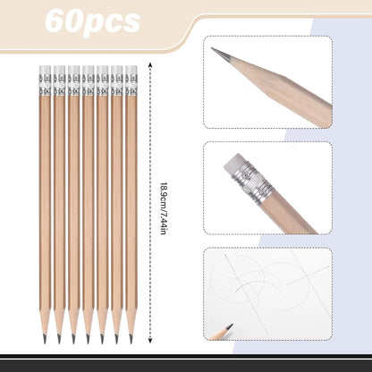 TecUnite 60 Pcs HB Pencils #2 Unsharpened Wood Cased Pencils with Eraser Hexagonal Pencil Cute Graphite No 2 Pen for Adults Gifts Exam School Office Sketching Learning (Wood Color, Silver)