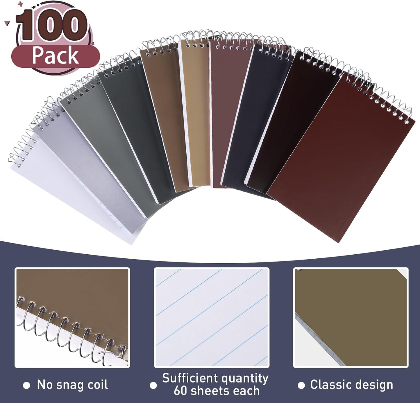 Thenshop 100 Pads Spiral Memo Pads Bulk 3 x 5 Inch Small Pocket Notepad Top Bound Lined 60 Sheets Mini Notebooks for School College Office Home Supplies (Fresh Colors)
