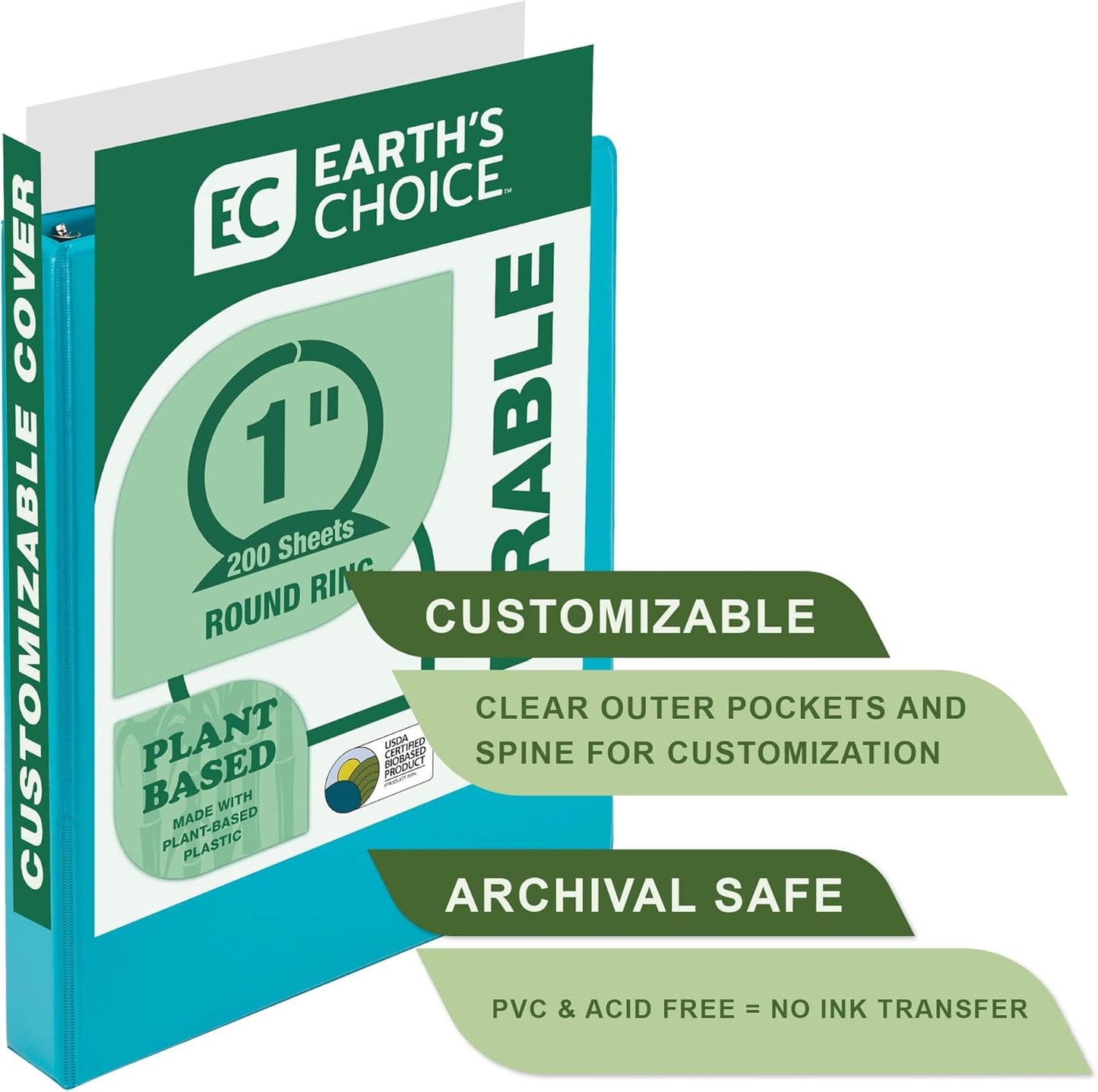 Samsill Plant-Based 2 Inch Durable Round Ring, View Binder, Eco-Friendly, USDA Certified Biobased, Single, Turquoise