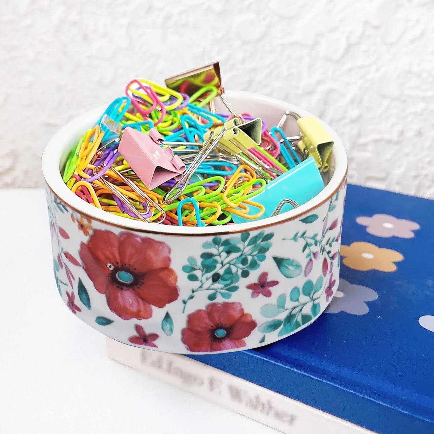 Paper Clip Holder Ceramic Paper Clip Holders Garden Floral Paperclips Holder Dispenser Cute Gold Line Paper Clip Organizer for Desk Binder Clip Holder Bobby Pin Hair Gift for Office Mint Flowers