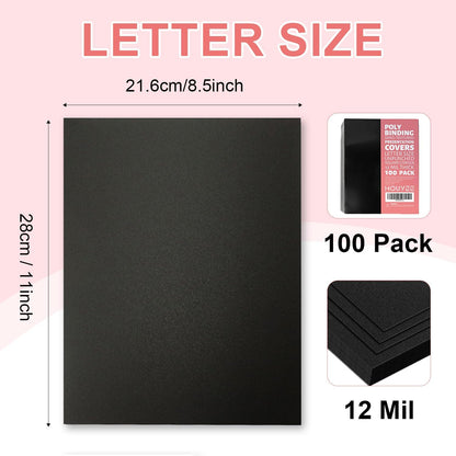 HOUYEE 100 Pack 16 Mil Poly Binding Covers,Sand Texture Binding Presentation Covers,8.5x11 Inches,Letter Size,Black,Square Corners,Un-Punched