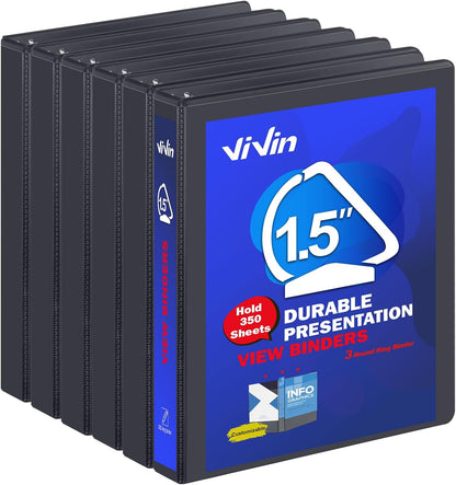 3 Ring Binder 1-1/2 Inch, ViVin Sturdy 1.5"-Slant D Ring Binder with 2 Interior Pockets, Clear View Cover, PVC-Free, Fits 350 Sheets of US Letter Size Paper (6 Pack, White)