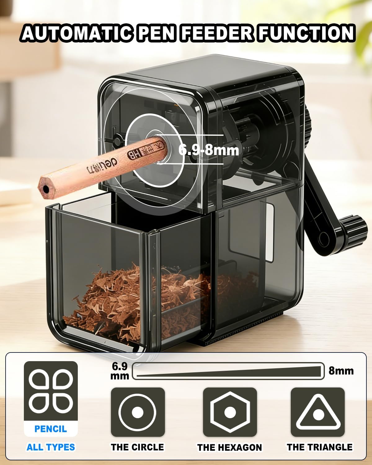 Pencil Sharpener Manual Black 5 Thickness Adjustable & Self-Feed Hand Crank Desktop Portable Pencil Sharpener for 6.5-8mm Pencil Nibs Classroom Home and Office Artists