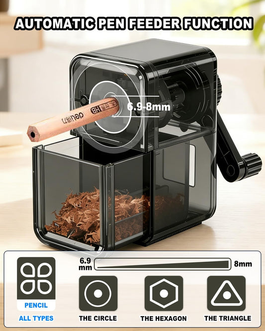 Pencil Sharpener Manual Black 5 Thickness Adjustable & Self-Feed Hand Crank Desktop Portable Pencil Sharpener for 6.5-8mm Pencil Nibs Classroom Home and Office Artists
