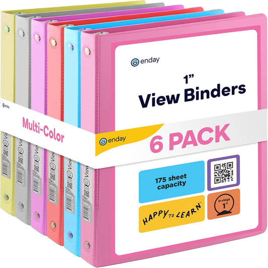 Enday 1/2 inch Binder 3 Ring Binder (6 Pack - Assorted Colors) O-Ring Binder with Clear View Cover and 2 Inside Pocket - for Letter Size 8.5 x 11'' Paper, Ideal for School Supplies, Office, and Home