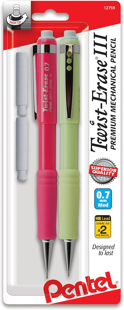 Pentel Twist-Erase III Mechanical Pencil, (0.7mm), Assorted Barrel Colors with 2 Eraser Refills, Pack of 2 (QE517BP2)