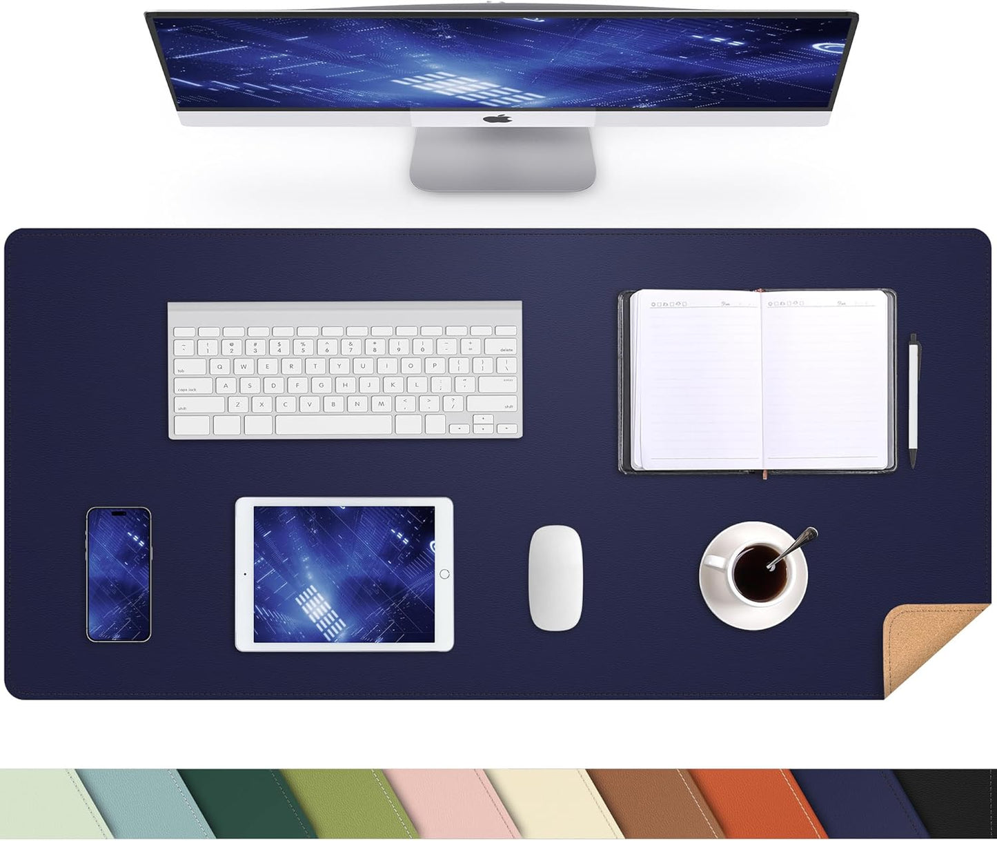 Large Desk Mat 47.2" x 17" Leather Desk Pad Protector with Natural Cork & PU Leather, Non-Slip Office Desk Mat, Large Mouse Pad, Waterproof Desk Blotter pad for Office&Home(Black)
