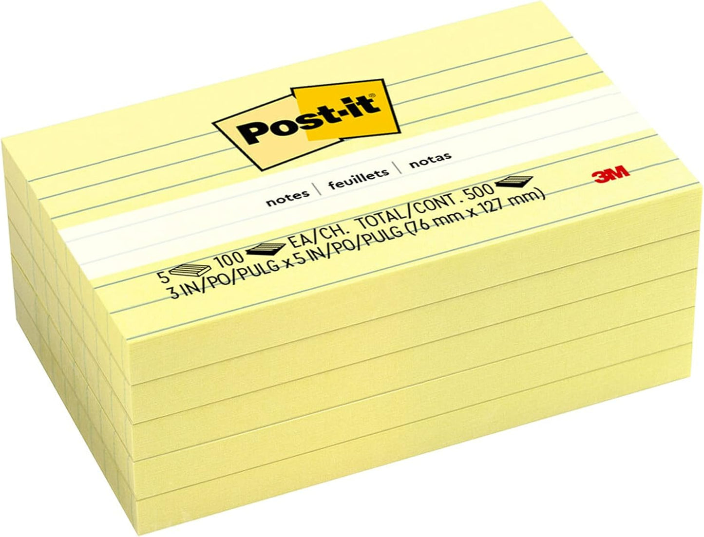 Post-it Notes, 3 in x 5 in, 5 Lined Sticky Notes Pads, 100 Sheets per Pad, Canary Yellow, The Original Post-it Note, School Supplies and Oﬃce Products