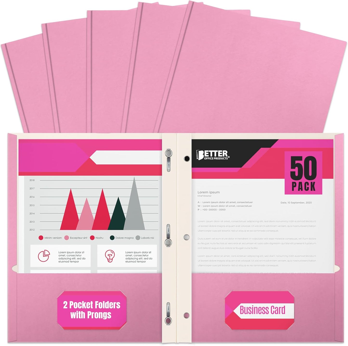 Better Office Products Blue Paper 2 Pocket Folders with Prongs, 50 Pack, Matte Texture, Letter Size Paper Folders, 50 Pack, with 3 Metal Prong Fastener Clips, Blue